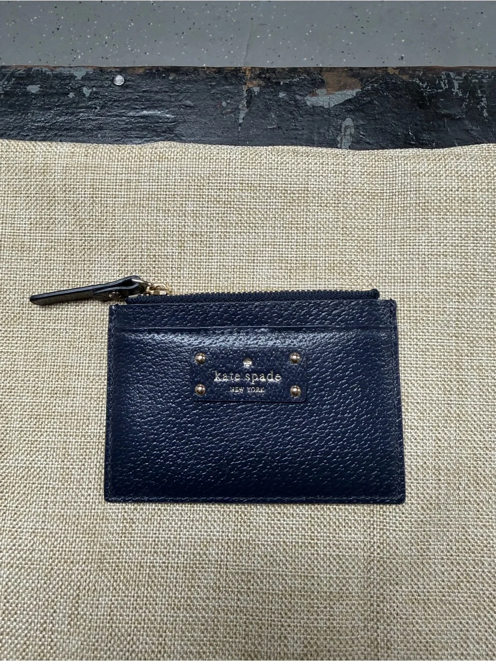 kate spade Navy Pebbled Leather Zip Card Wallet with Gold Accents